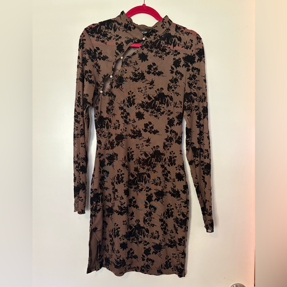 Fashion Nova Brown Floral Long Sleeve Dress